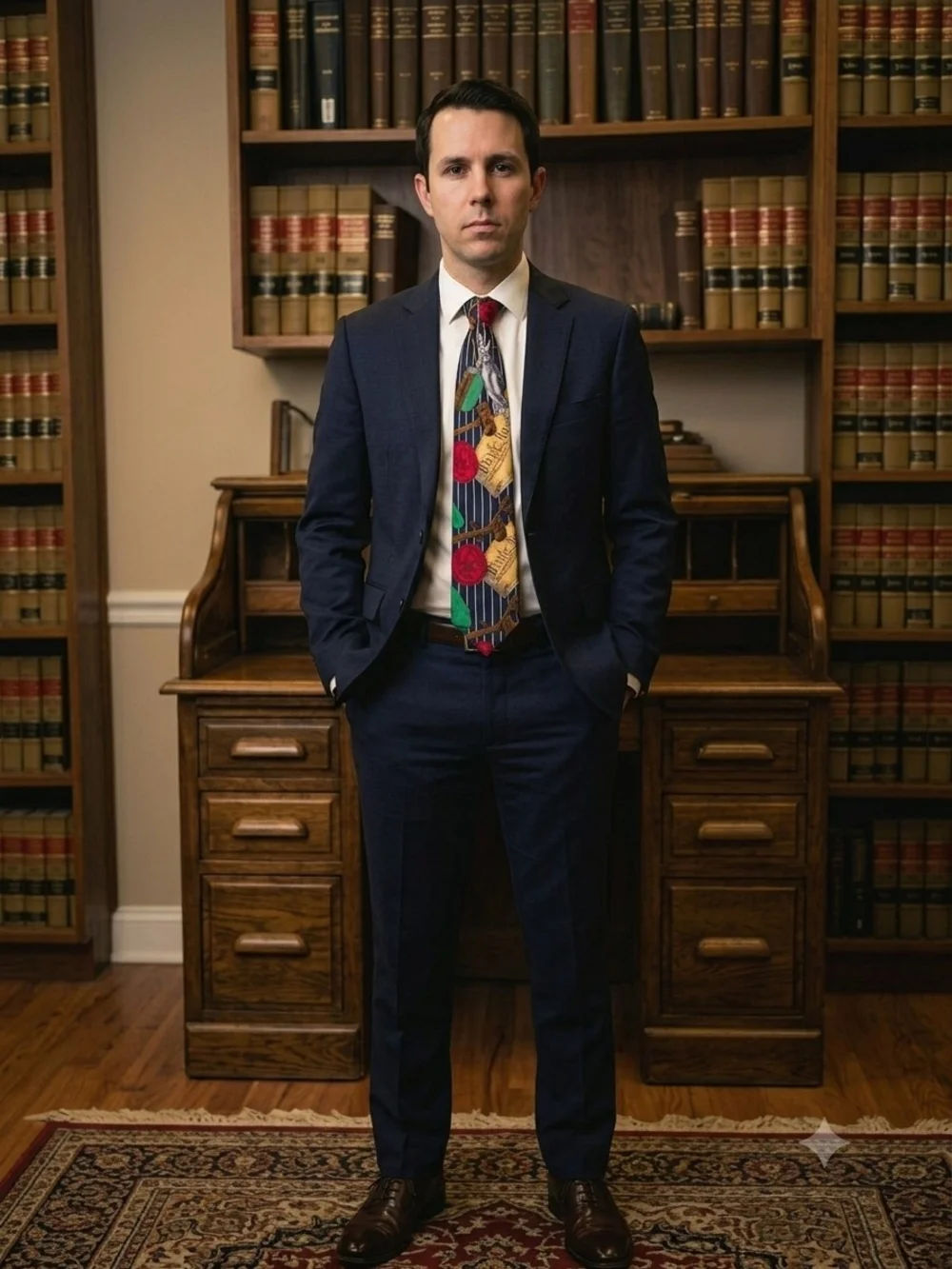Navy Striped Silk Hand Made Tie with Red and Green & Yellow Accents